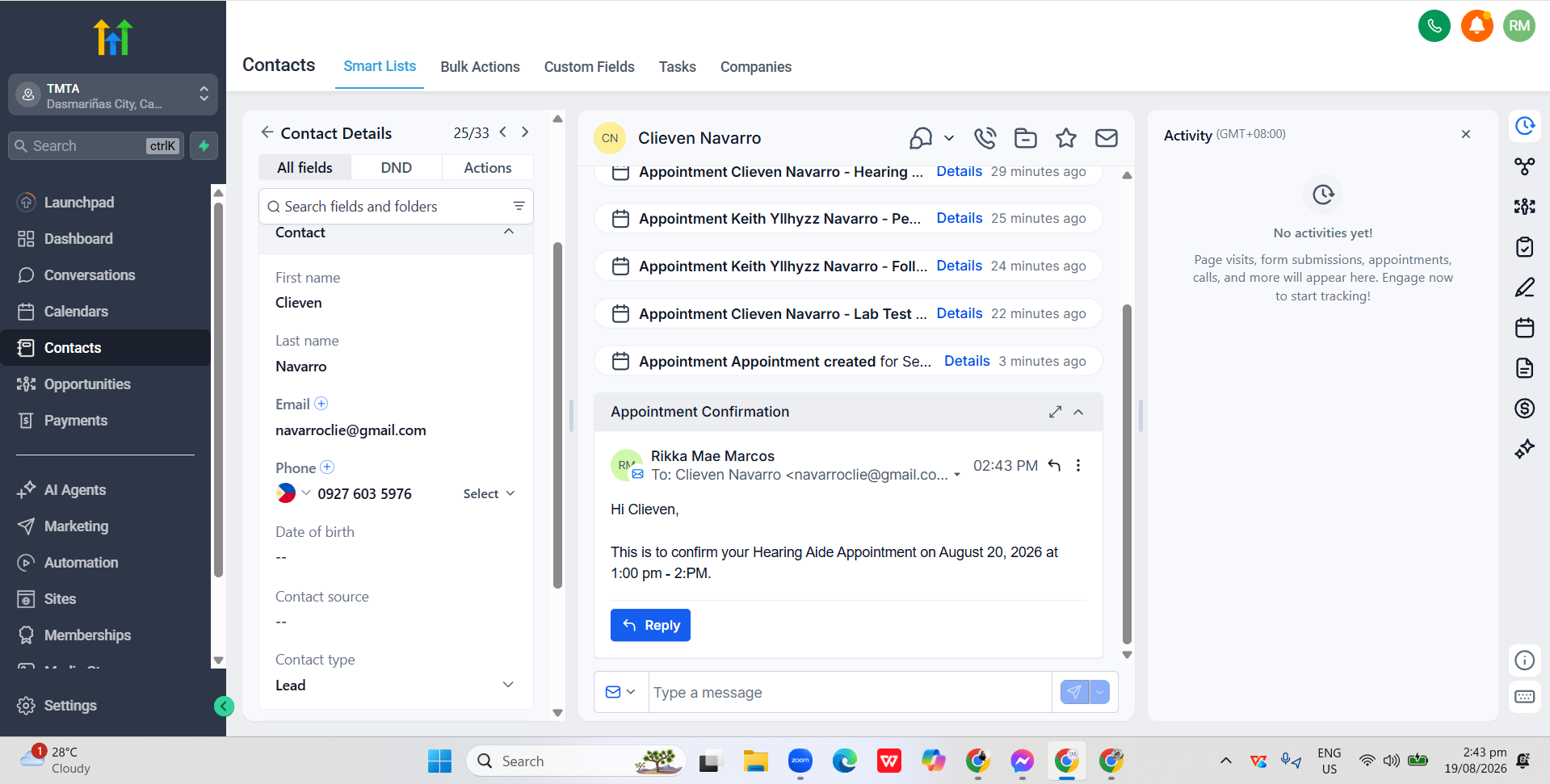 GoHighLevel contact timeline showing the sent appointment confirmation email