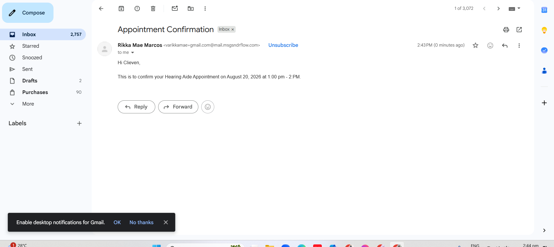 Gmail inbox showing the delivered appointment confirmation email