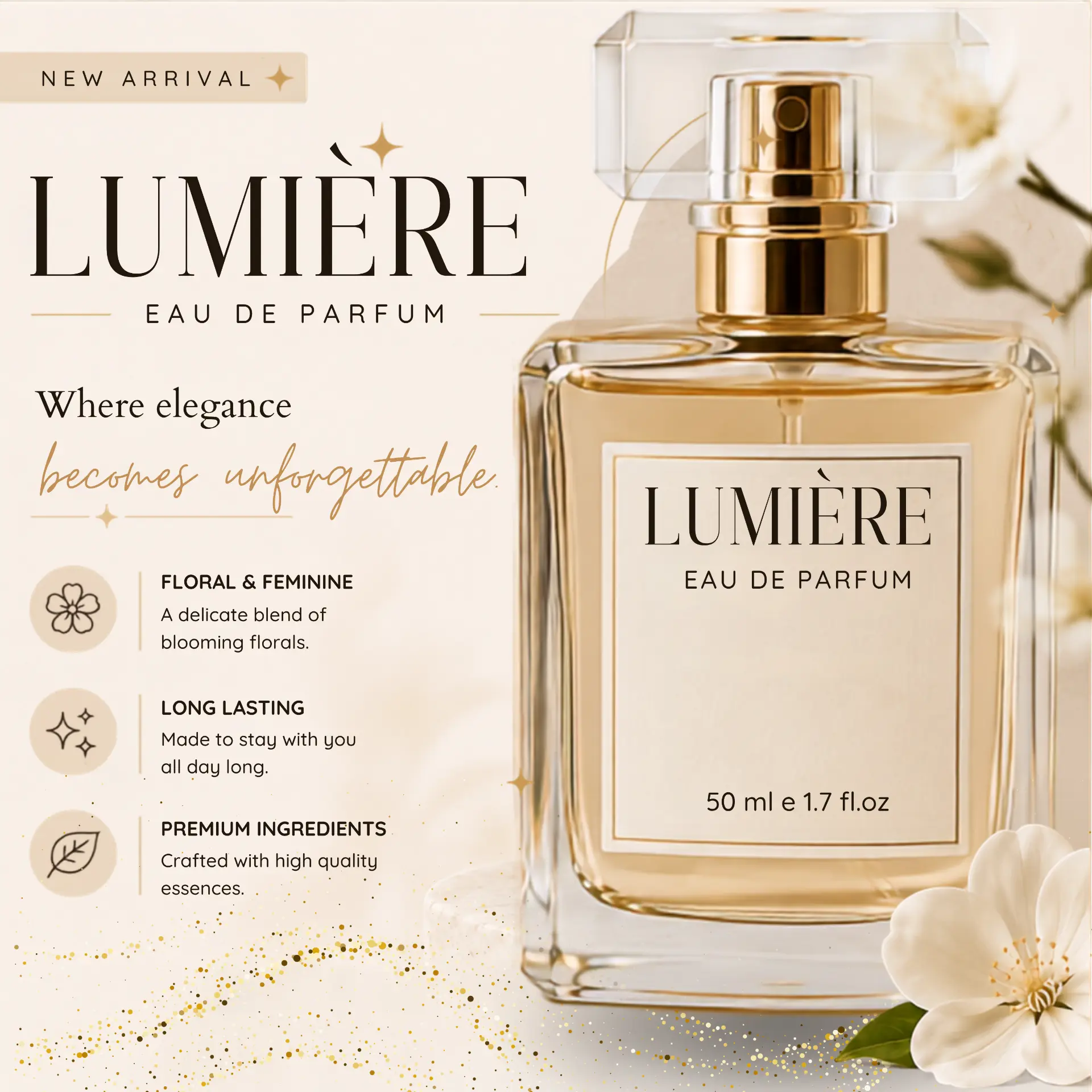 Lumière Eau de Parfum cream and gold social media design with product features