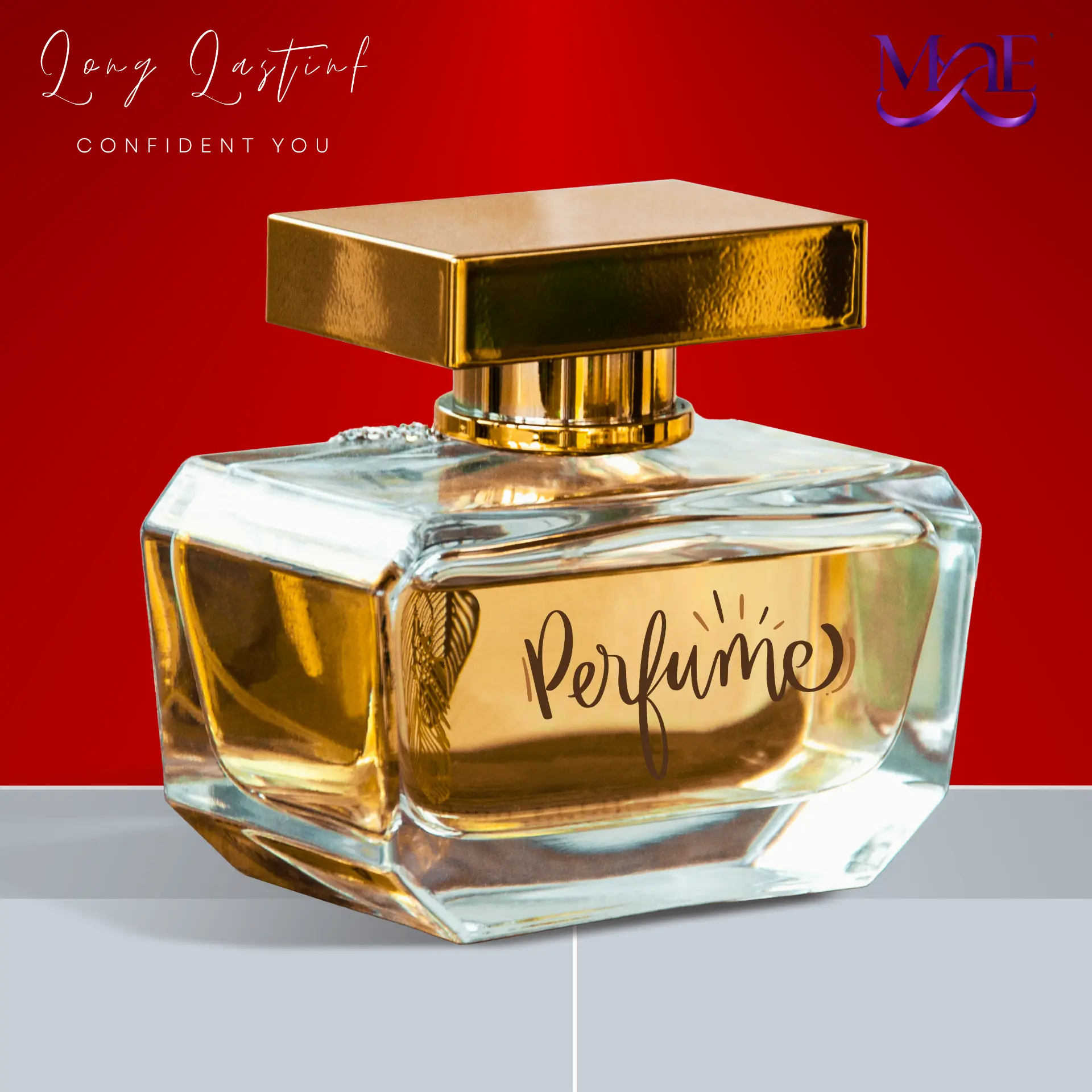 Gold perfume bottle advertisement on a red background