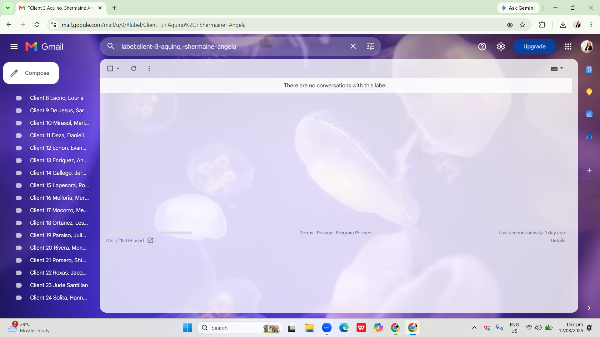 Gmail interface showing client label navigation and inbox monitoring in the browser