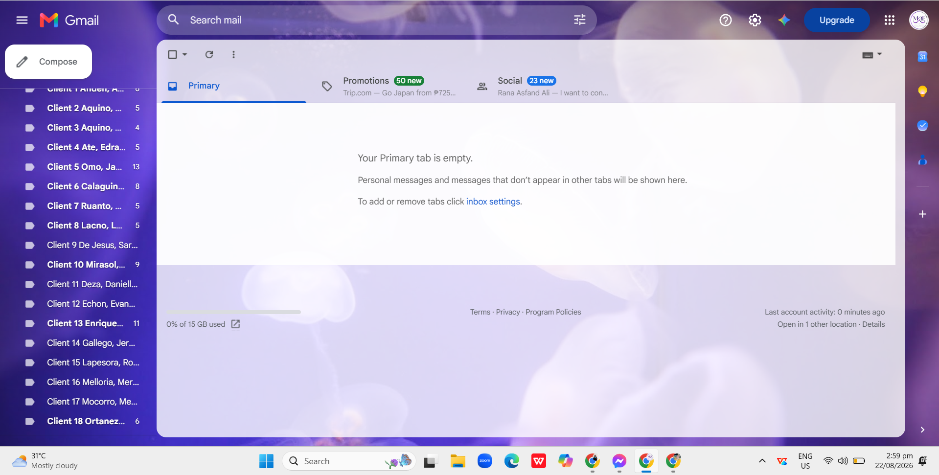 Gmail inbox organized with numbered client labels and a cleared Primary tab