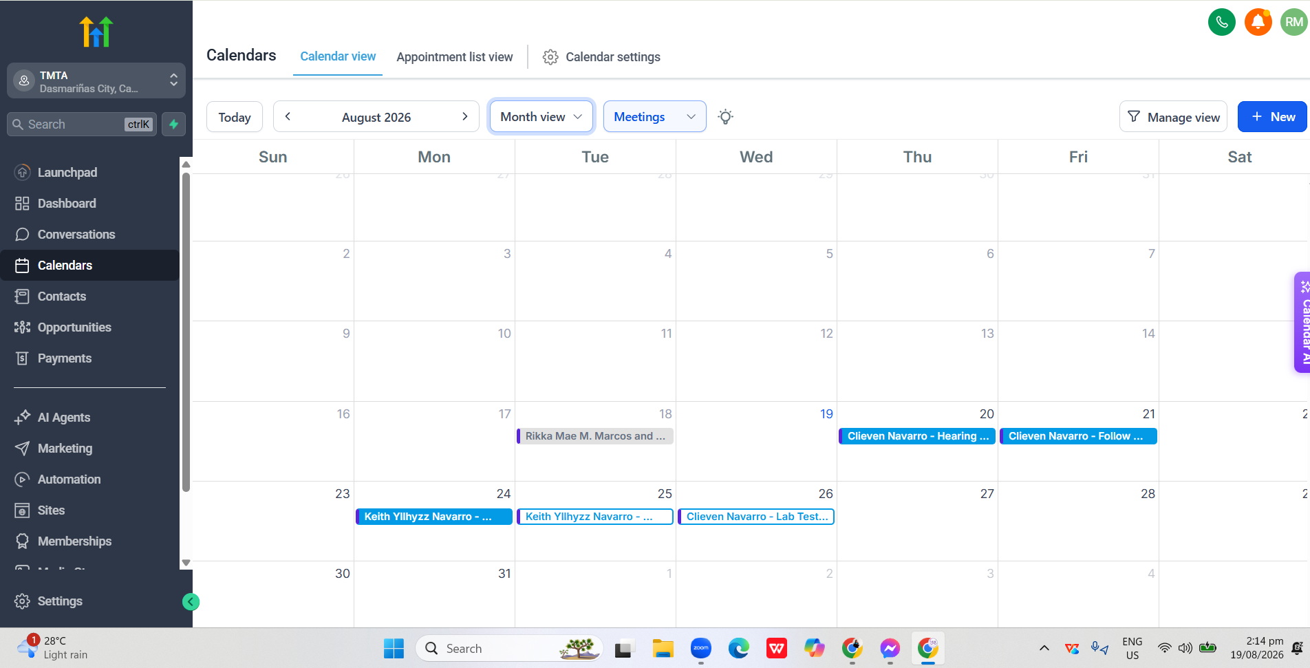 GoHighLevel month calendar view showing five booked client appointments