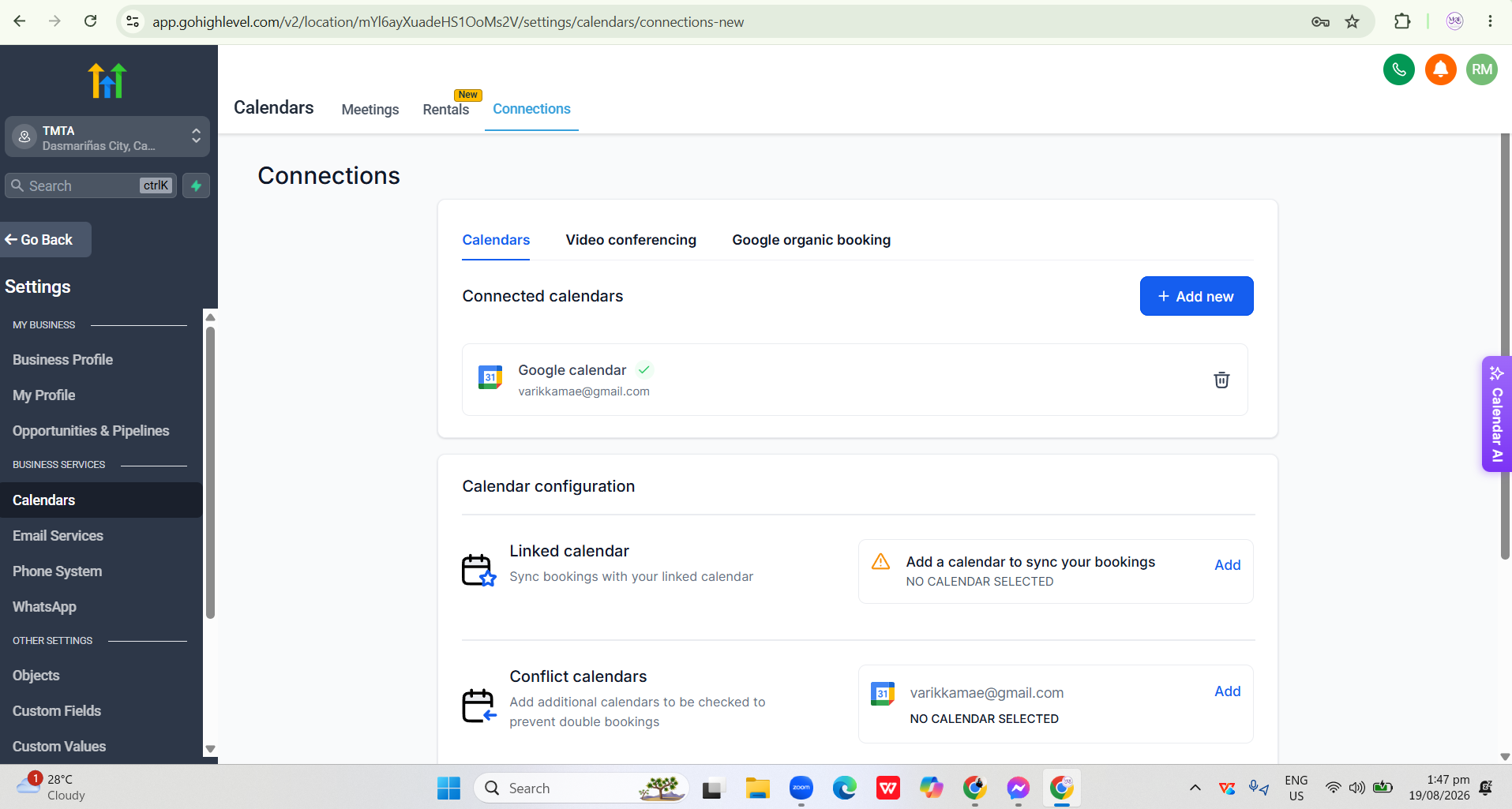 GoHighLevel calendar connections screen with a linked Google Calendar account