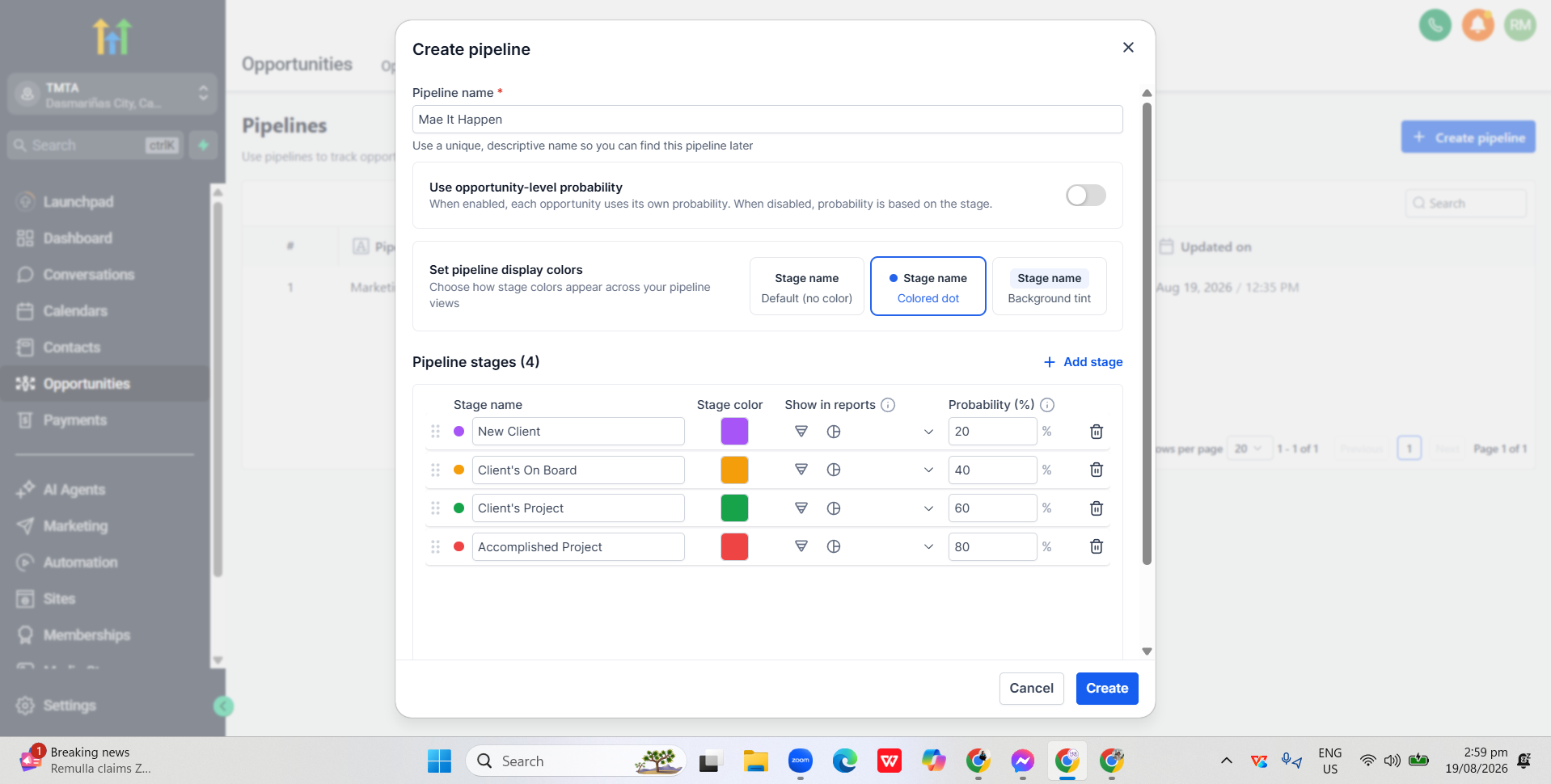 GoHighLevel create pipeline dialog with four configured stages