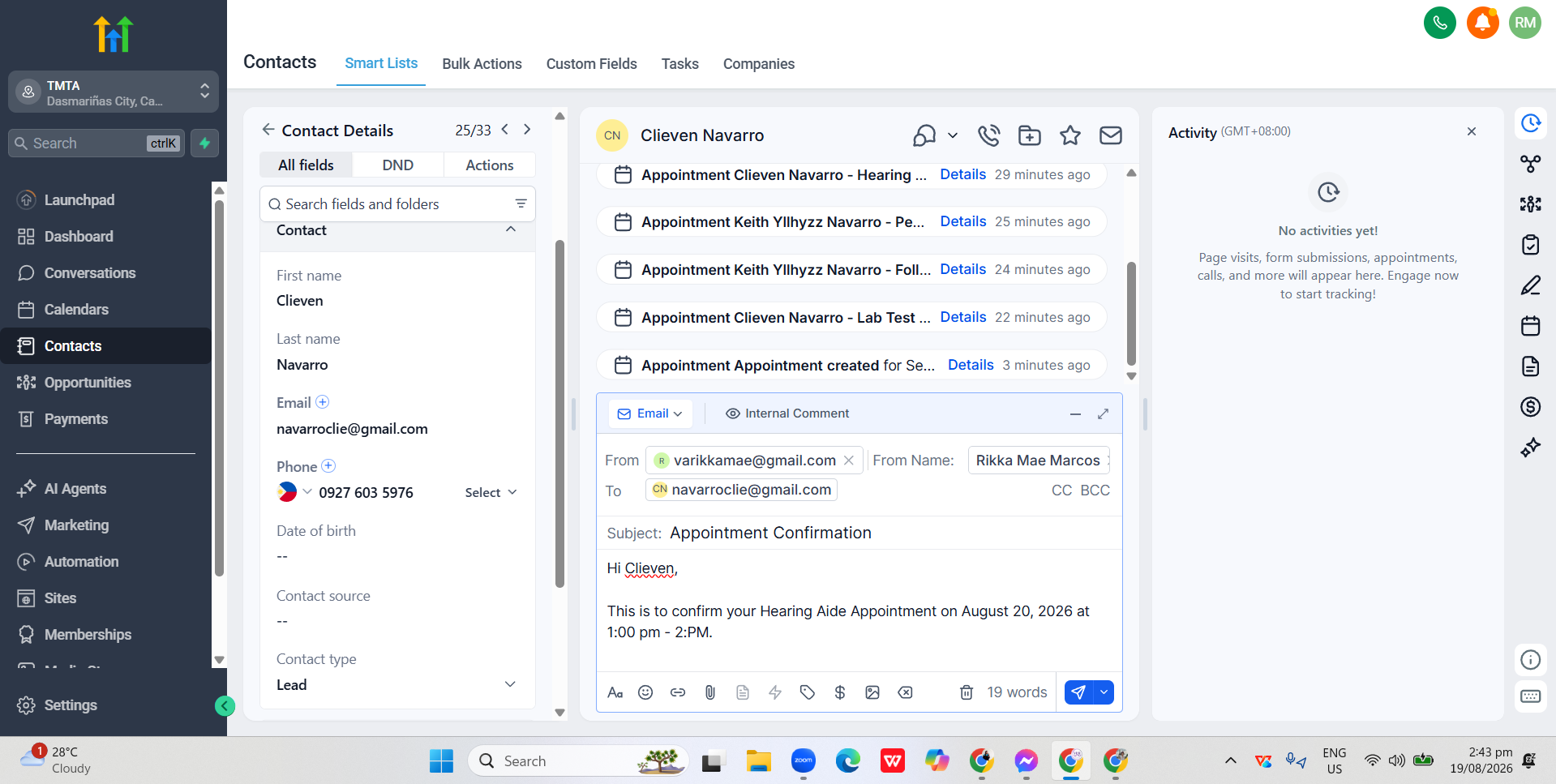 GoHighLevel contact record with an appointment confirmation email being composed