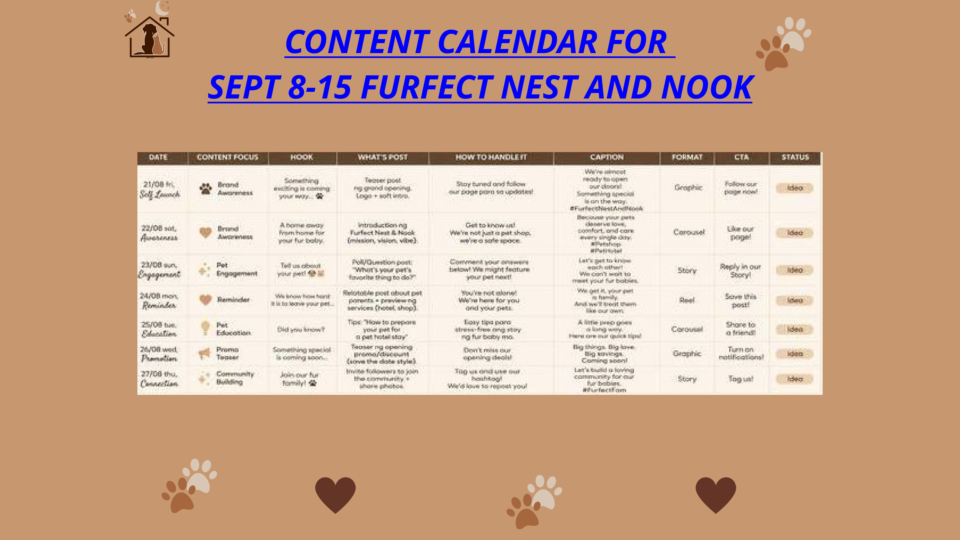 Content planning and social media deliverable from the Furfect Nest & Nook project