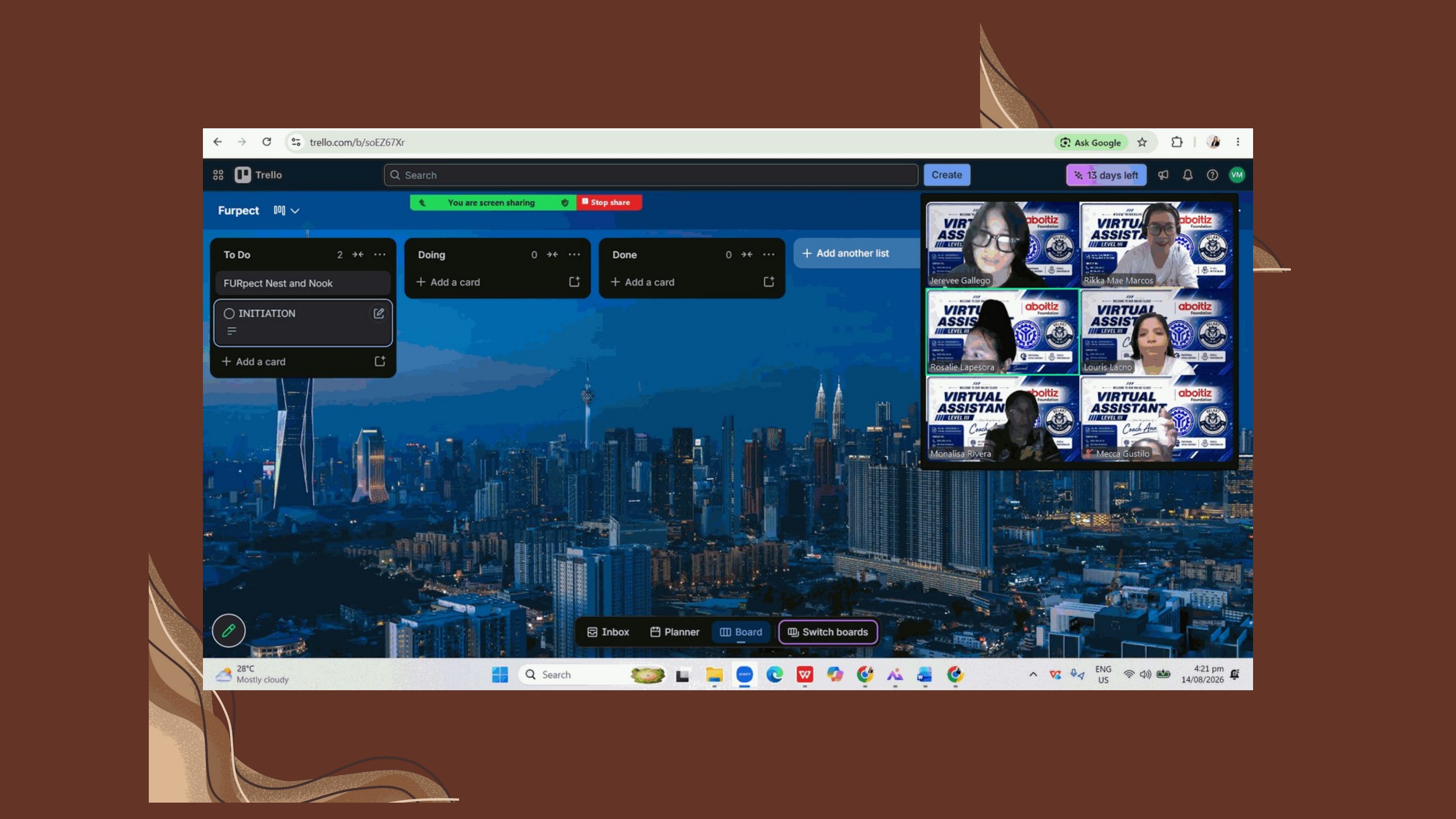 Trello project board used to manage the Furfect Nest & Nook start-up