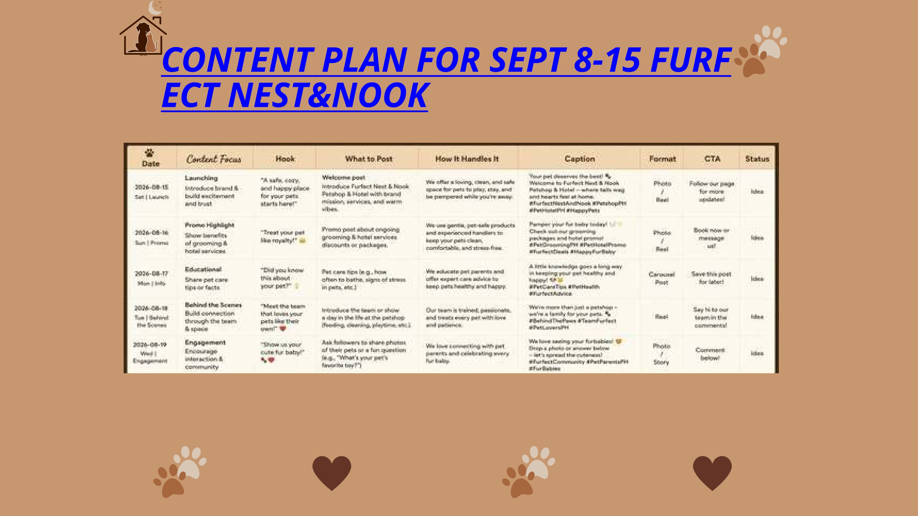 Content planning and social media deliverable from the Furfect Nest & Nook project