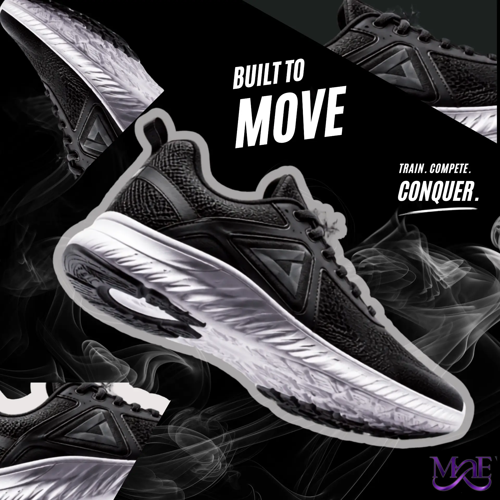 Black and white athletic shoe graphic with the headline Built to Move