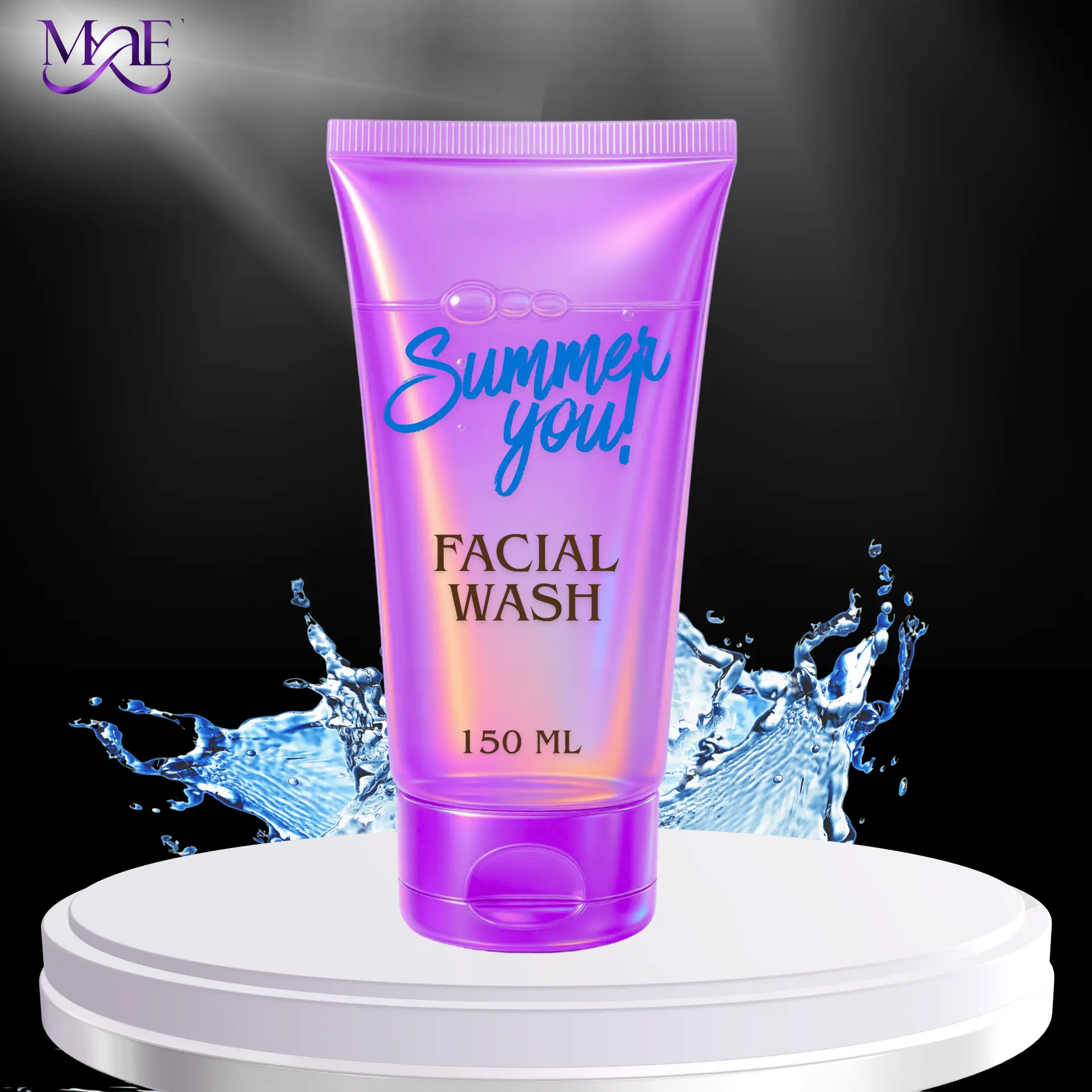 Summer You facial wash tube promotional graphic on a dark background with water splash